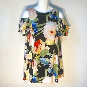 Umgee SZ M Black multi colored floral swing dress with flutter sleeves